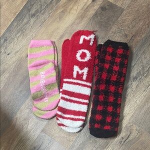 Cozy Fuzzy Holiday Socks Trio - Red Mom, Pink Stripes, Red/Black Buffalo